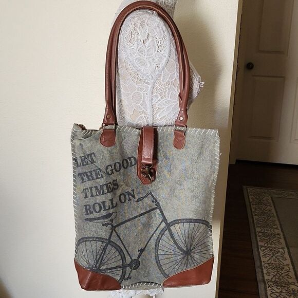 Primitives by Kathy Upcycled Canvas Bag with Leather Accents - Picture 1 of 14